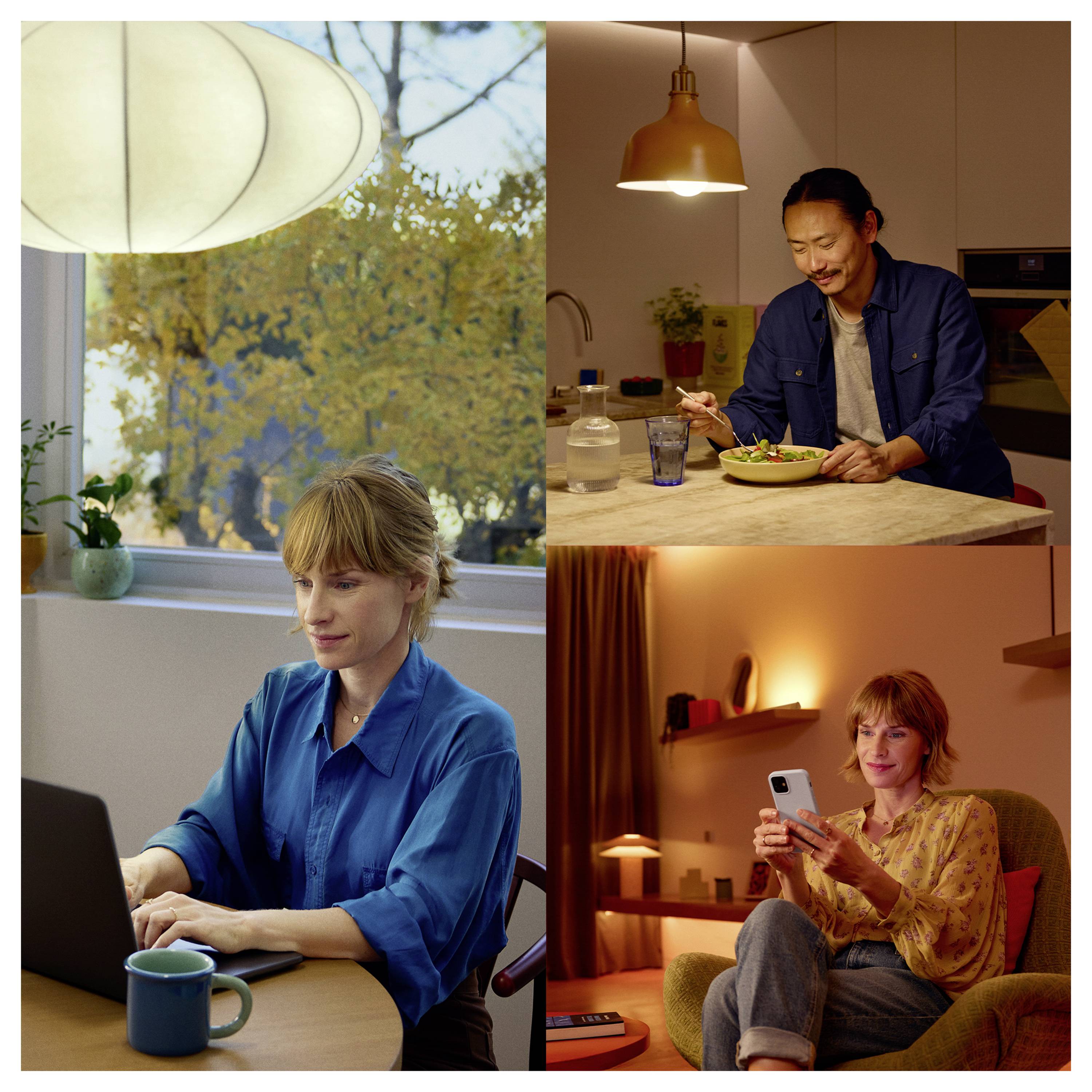 Three people in different settings: One working on a laptop at a desk, another eating at a table, and a third using a phone on a couch.