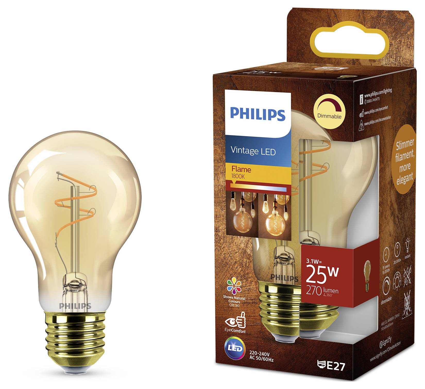 Vintage-style Philips LED bulb and packaging. Bulb emits warm, flame-like light; 3W equals 25W incandescent, producing 270 lumens.