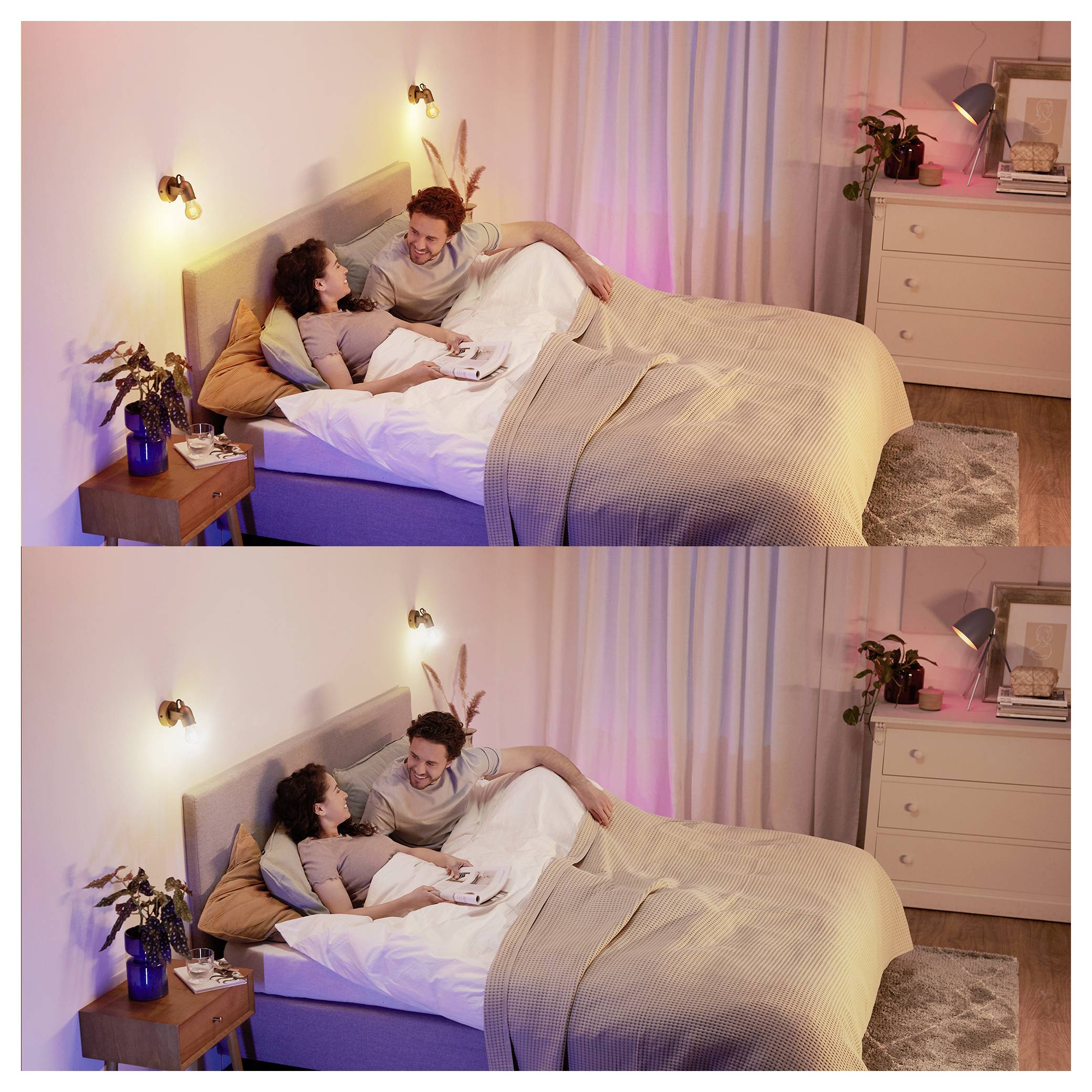 A couple relaxes together in bed, smiling and talking. The bedroom is warmly lit with modern decor, including plants and soft lighting.