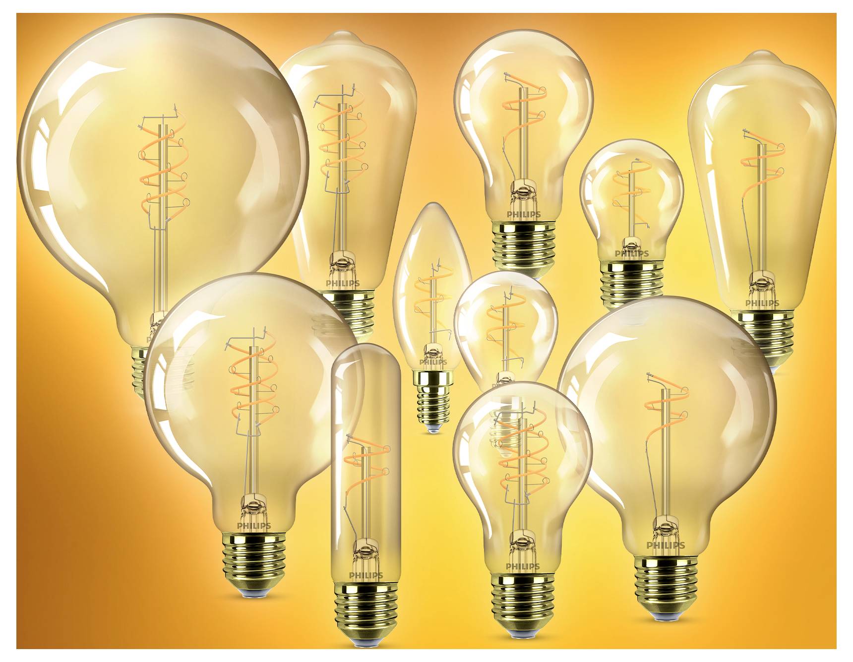 Various vintage-style light bulbs with visible filaments on an orange background, showcasing different shapes and sizes.