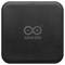 'A black, square electronic device labeled with the Arduino logo, featuring a circular symbol with a negative and positive sign.'