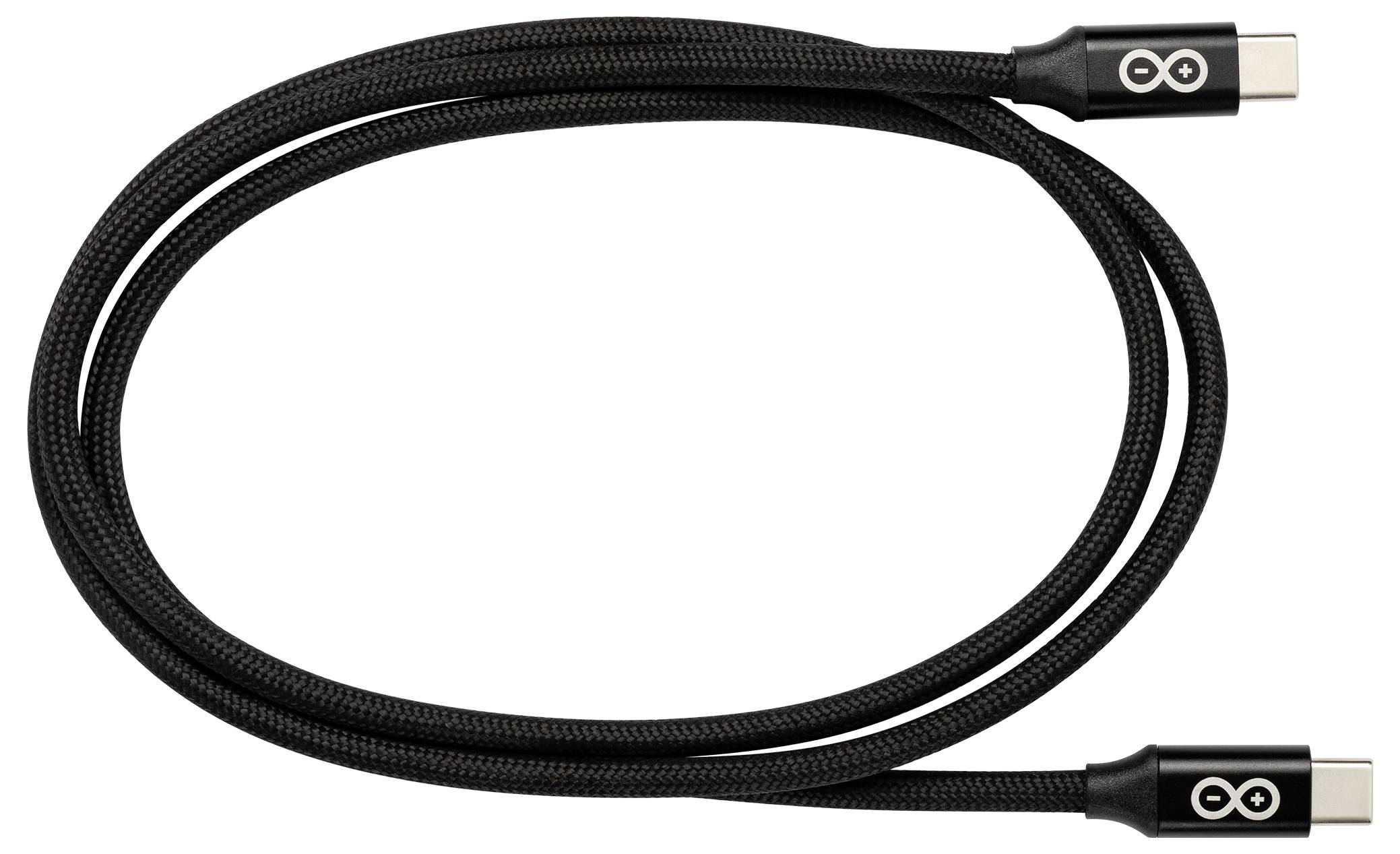 A black, braided USB-C to USB-C cable with visible connectors on both ends, featuring a logo on each connector.
