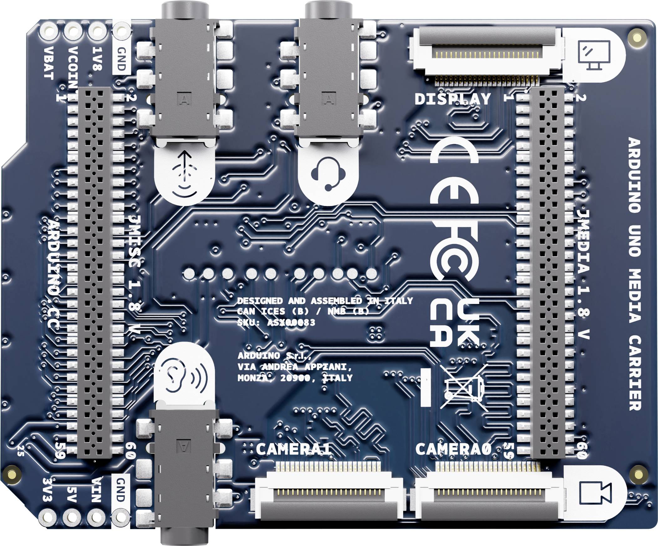 Arduino Uno Media Carrier expansion board with multiple connectors labeled 'DISPLAY', 'CAMERA0', and 'CAMERA1' for adding modules to an Arduino setup.