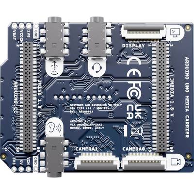 Arduino Uno Media Carrier expansion board with multiple connectors labeled 'DISPLAY', 'CAMERA0', and 'CAMERA1' for adding modules to an Arduino setup.