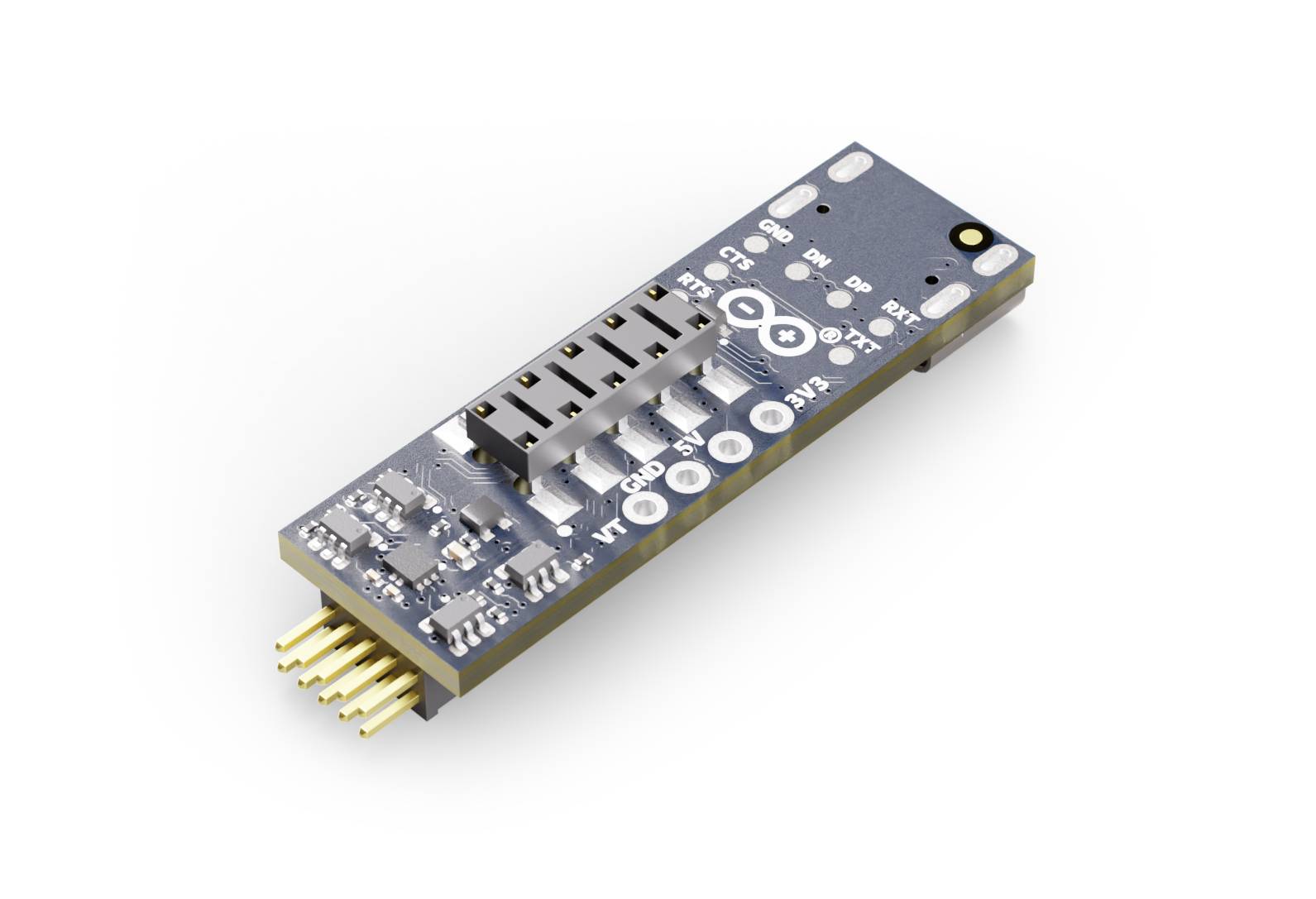 Arduino MKR SD Proto Shield, blue circuit board with multiple pins and connectors for extending Arduino functionality.