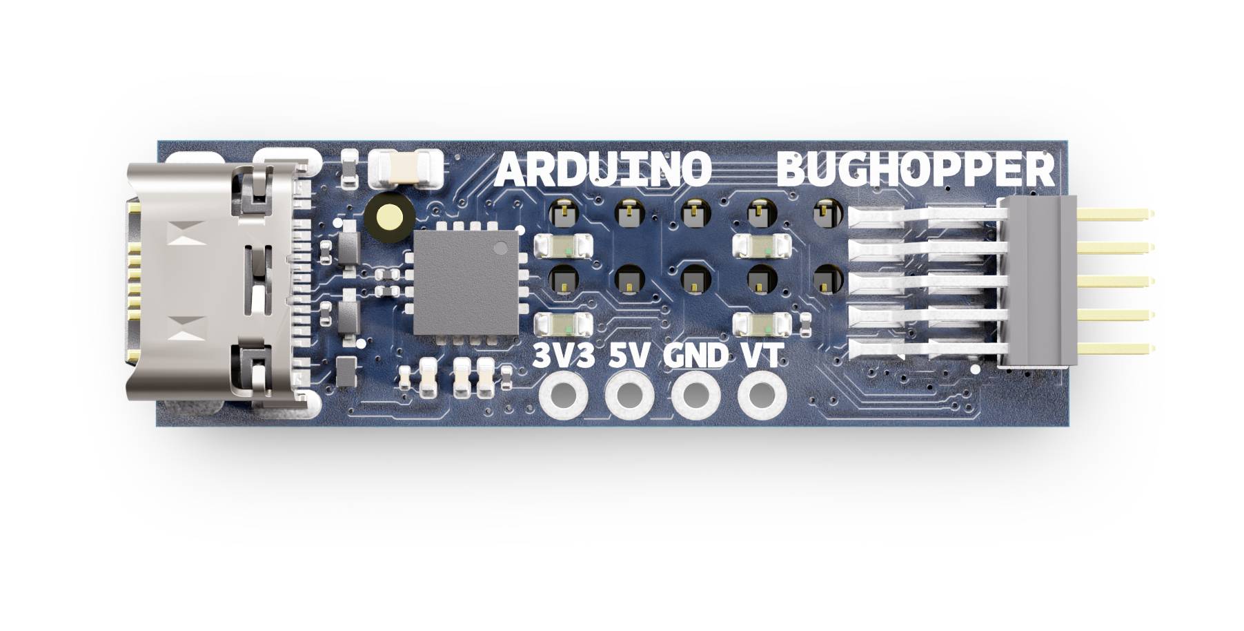 A small electronic component labeled 'Arduino BugHopper' with multiple pins and a micro USB connector is shown.