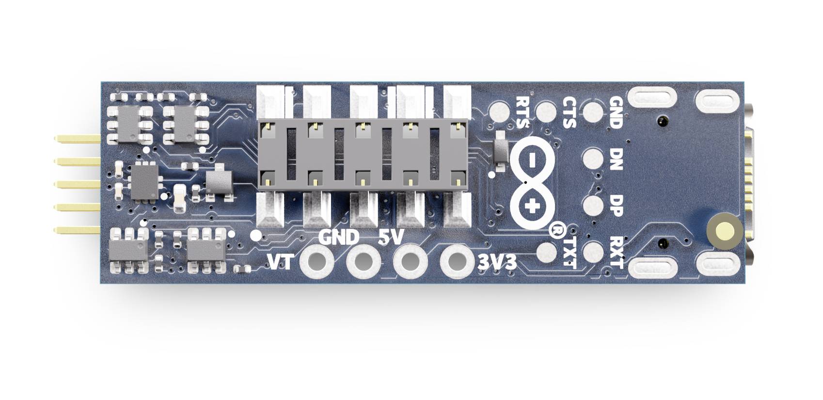 'FTDI USB-to-Serial' electronic module featuring ports labeled GND, 5V, 3V3, and pins for digital signals, used for device programming.