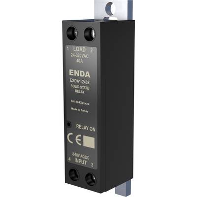 Solid state relay labeled 'ENDA ESDA1-240Z', supports 24-320VAC, 40A. Input range is 8-30V AC/DC. Relay 'ON' indicator. Made in Turkey.