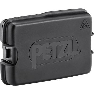 A black Petzl battery case with company logo embossed on the surface.