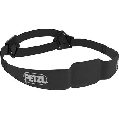Black Petzl headband with adjustable straps and logo, designed for securing headlamps for hands-free lighting.