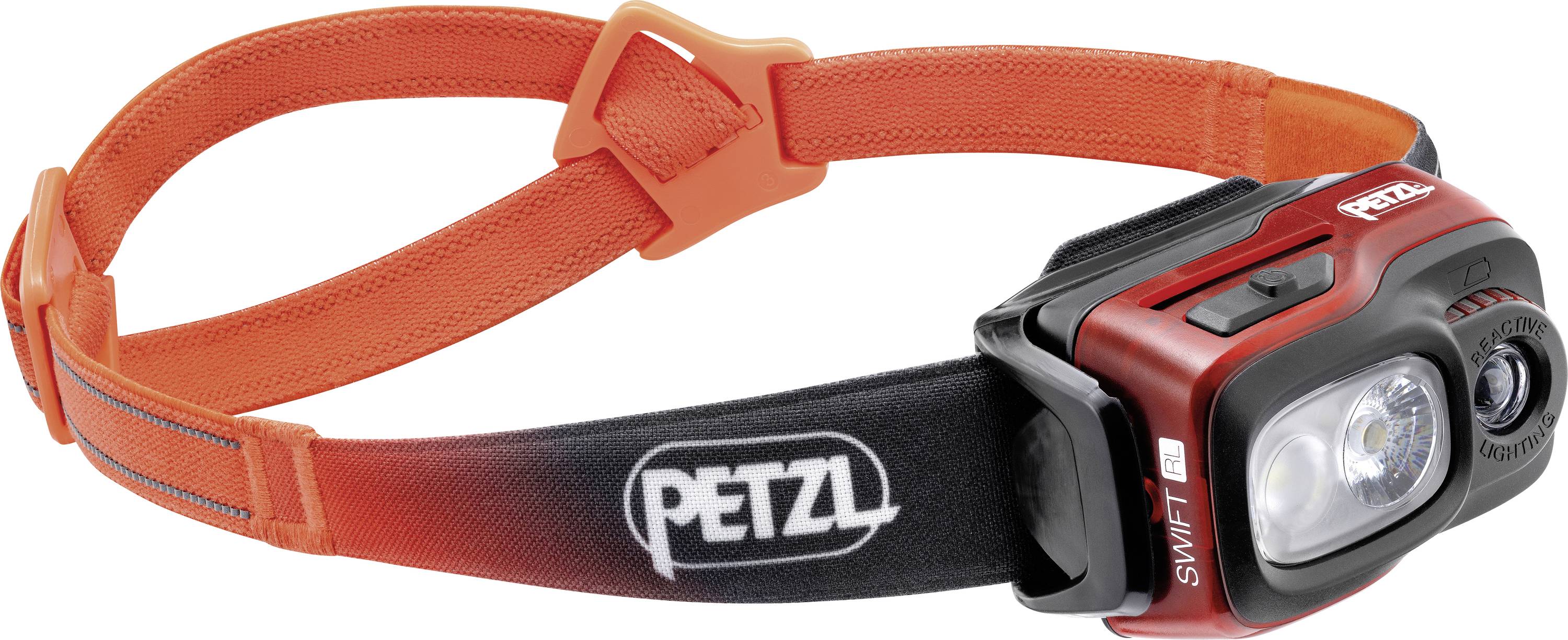 A red and black LED headlamp with an adjustable orange strap, branded 'PETZL', designed for outdoor activities or night use.