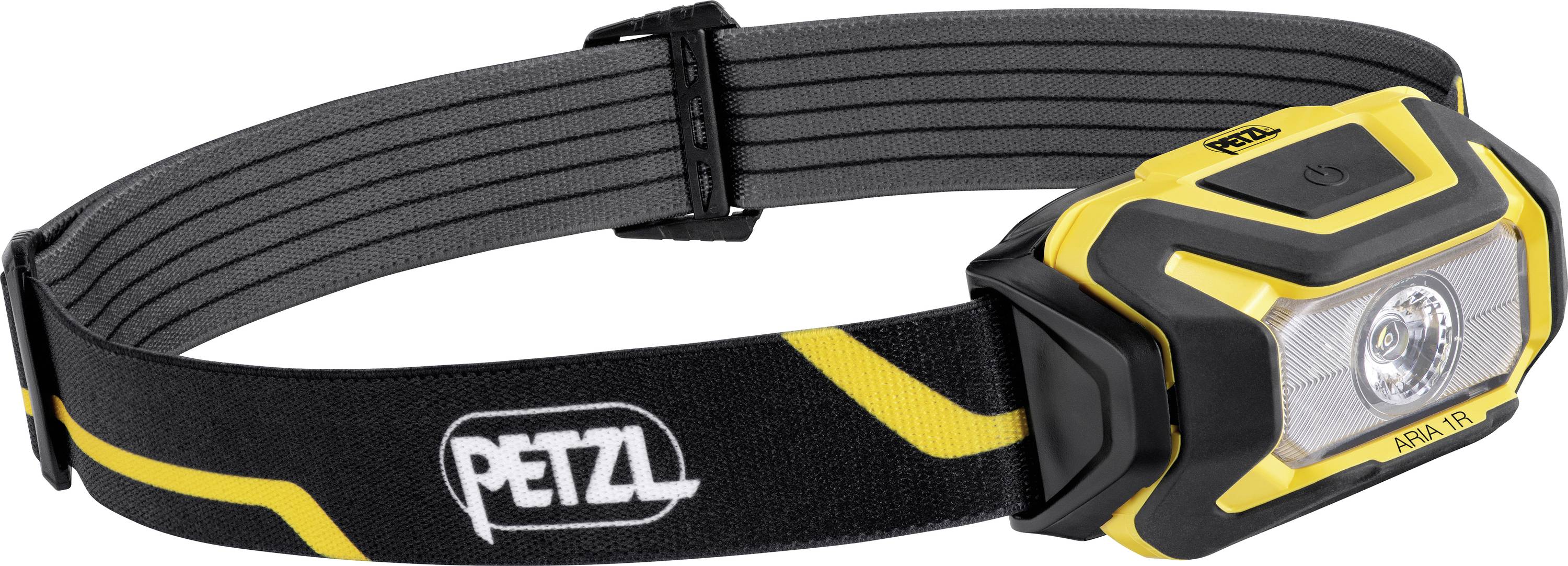 Headlamp with adjustable straps, featuring a central LED light; black and yellow design, branded 'PETZL'. Suitable for hands-free use.