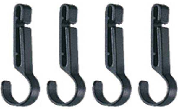 Four black plastic hooks lined up in a row, each featuring a flat top and a curved hook bottom.