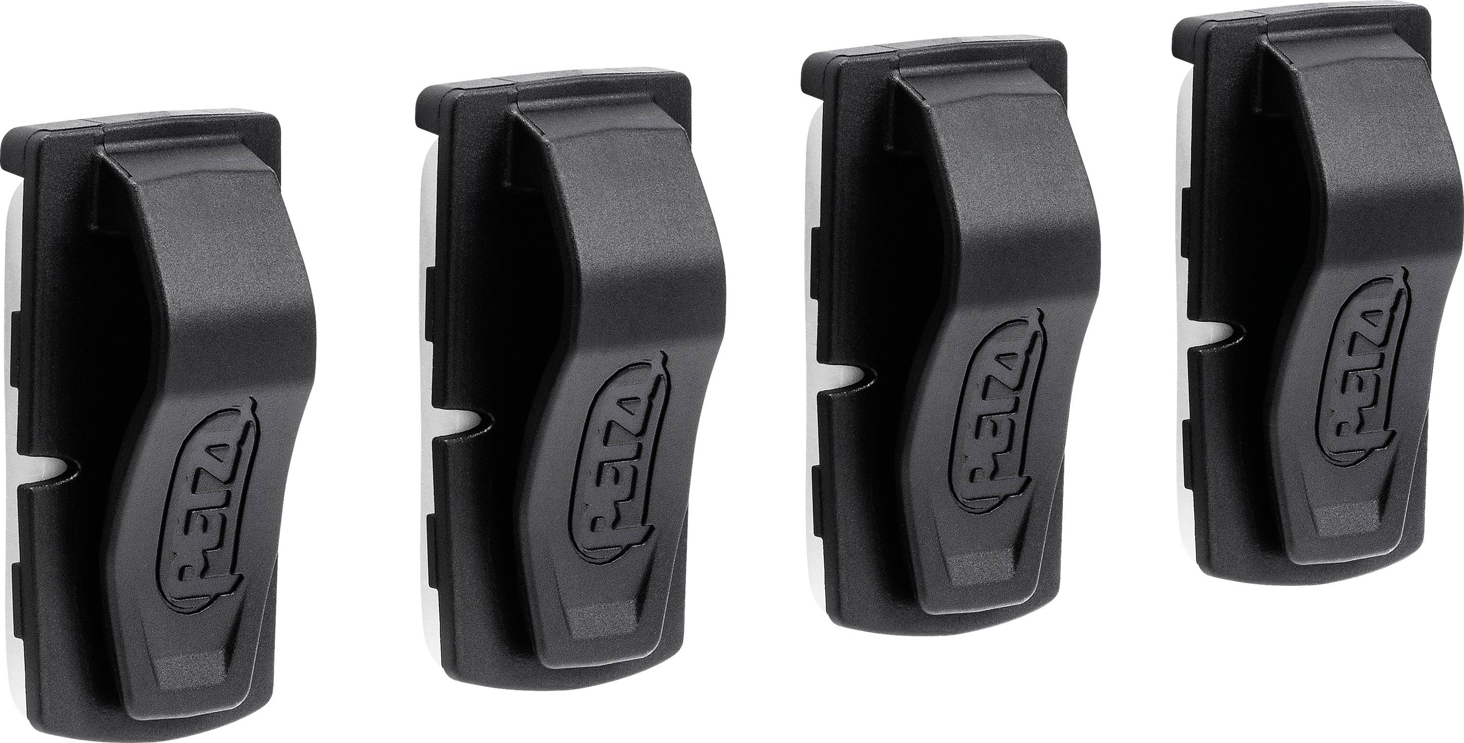 Four black Petzl cord clips designed for securing cables, showcasing the brand's logo embossed on each clip's surface.