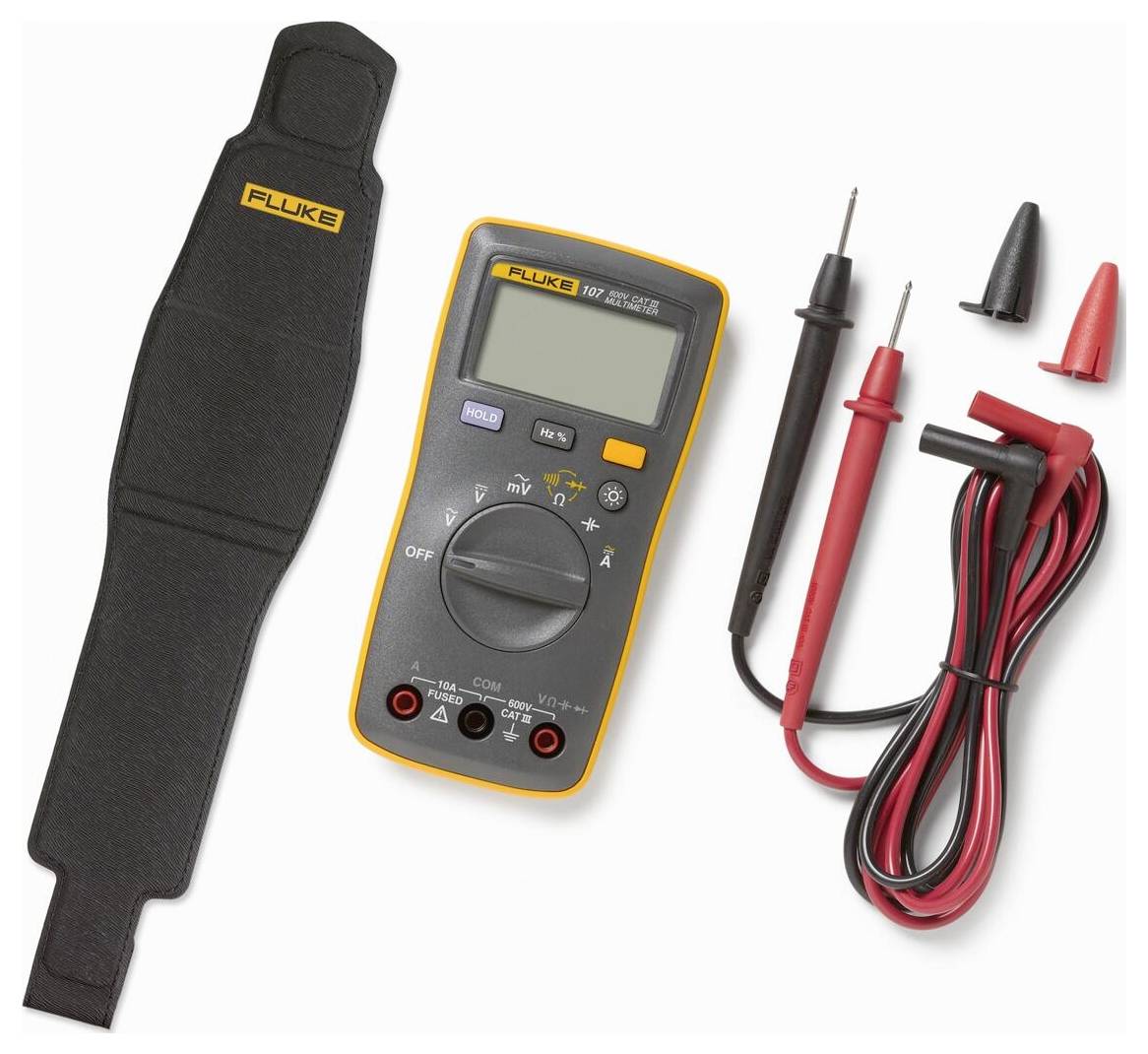 A multimeter with probes, two alligator clips, and a protective case displaying 'Fluke' brand. Used for measuring electrical values.