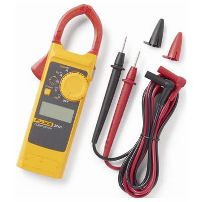 A yellow clamp meter with probes and clips, used for measuring electrical current and voltage in circuits, is displayed with its accessories.