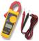 Digital clamp meter and test leads, used for measuring electrical current and voltage, featuring a yellow body and red clamp.