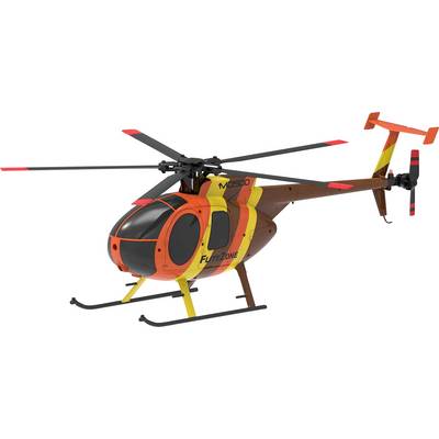 A model helicopter with 'Flitezone' branding, painted in orange, brown, and yellow, featuring six blades on top and a two-blade tail rotor.