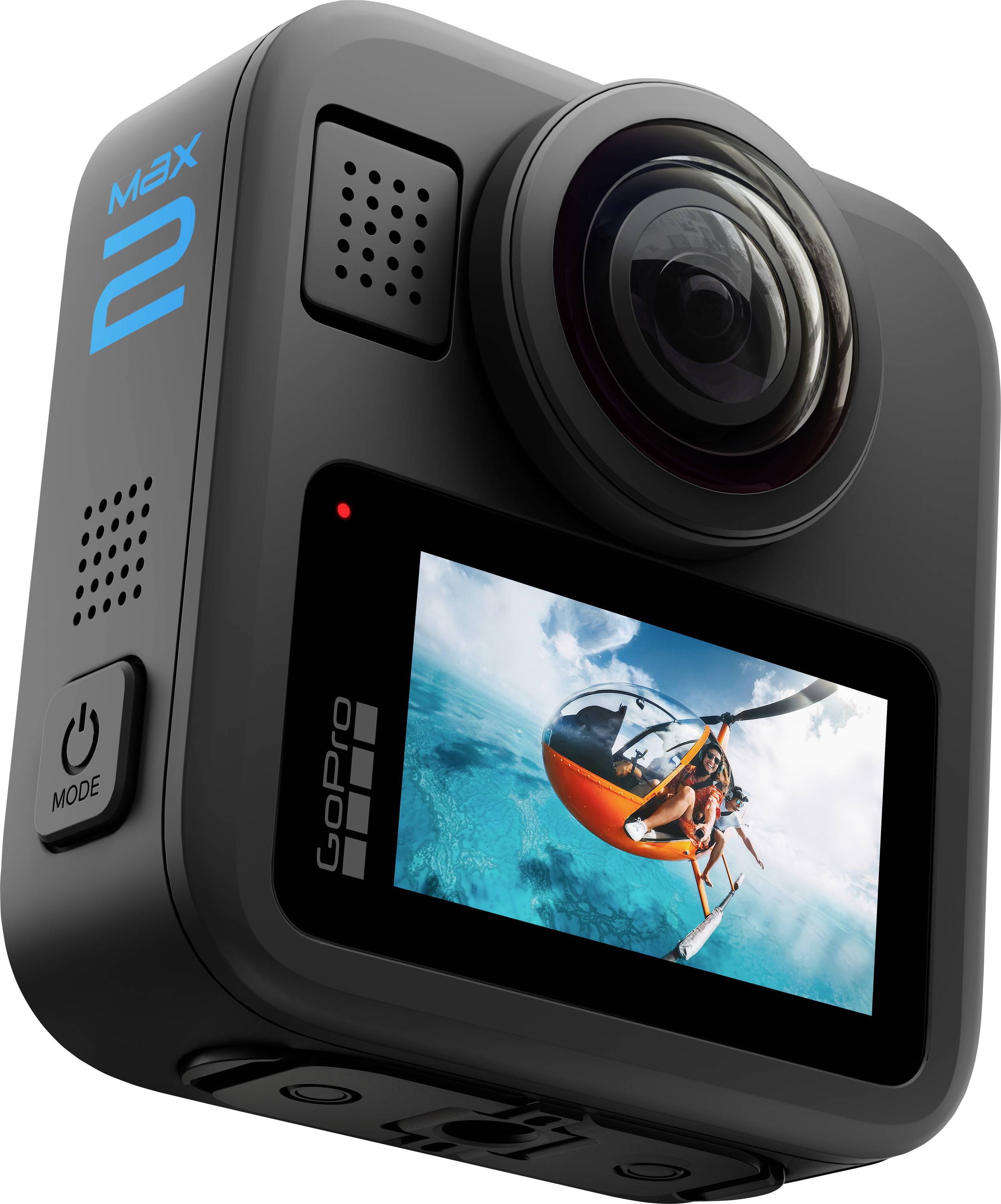 A compact action camera with a screen displaying a person hanging out of a helicopter over clear blue water.