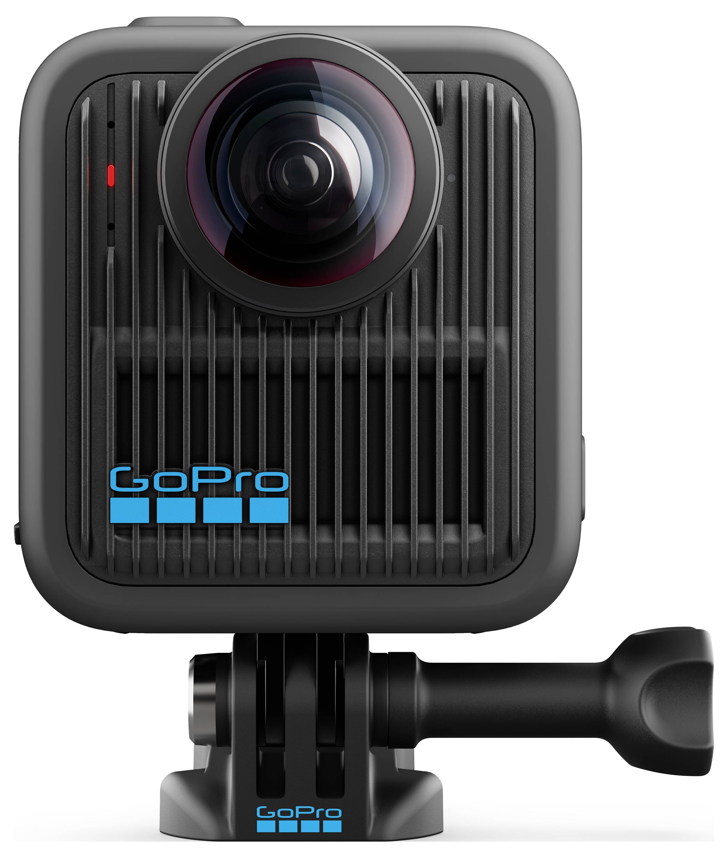 A compact action camera with a wide lens, mounted on a black adjustable bracket.