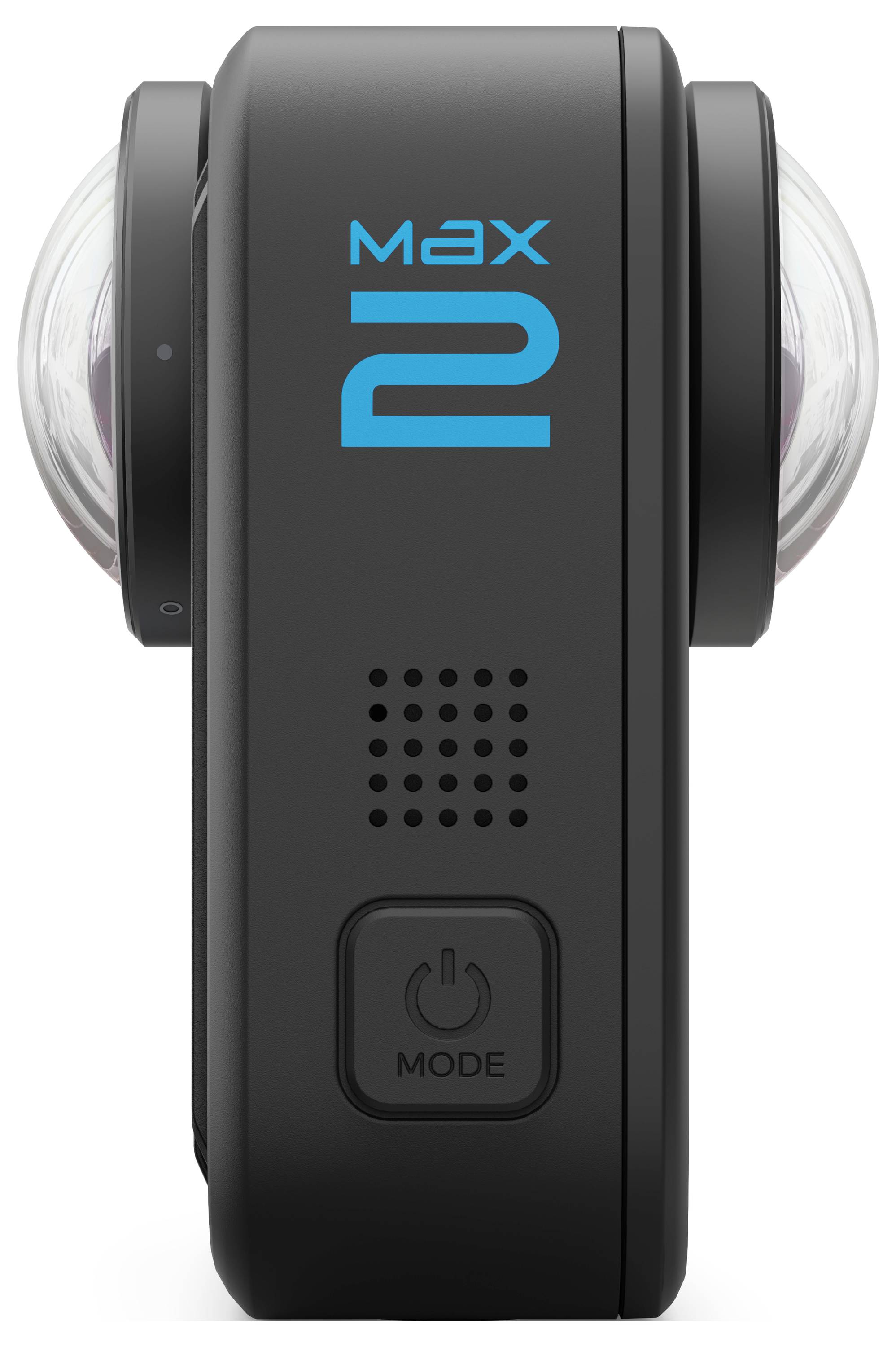A black 360-degree action camera with dual lenses on either side. The text 'MAX 2' is printed in blue on the front.