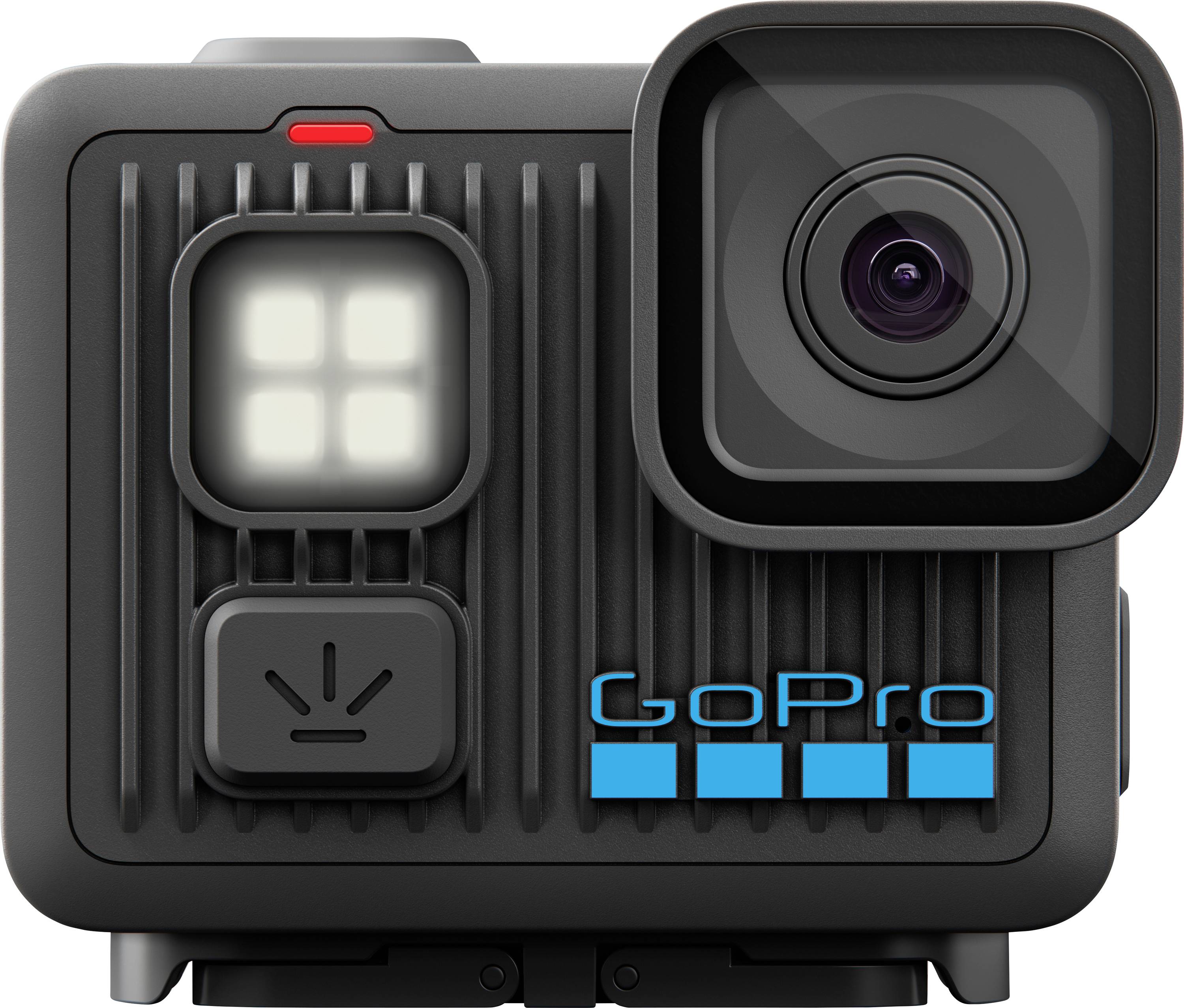A square-shaped black action camera with a lens on the right, a digital display, a red light indicator, and 'GoPro' logo below.