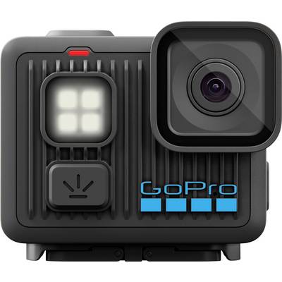 A square-shaped black action camera with a lens on the right, a digital display, a red light indicator, and 'GoPro' logo below.