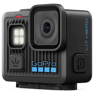 A compact black action camera featuring a lens, a small screen, and the 'GoPro' logo in blue. The side is labeled 'LIT HERO' in blue.