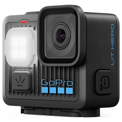 A compact action camera with a lens and mounting base, branded "GoPro LIT HERO," and featuring an LED light on the front.