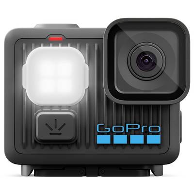 A compact, black action camera with a large lens on the right and a small screen above a 'GoPro' logo. Red indicator light is visible.