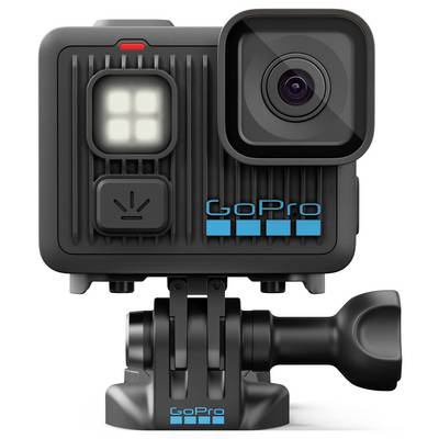 A black action camera mounted on a swivel base, featuring a lens, LED screen, and the 'GoPro' logo in blue.