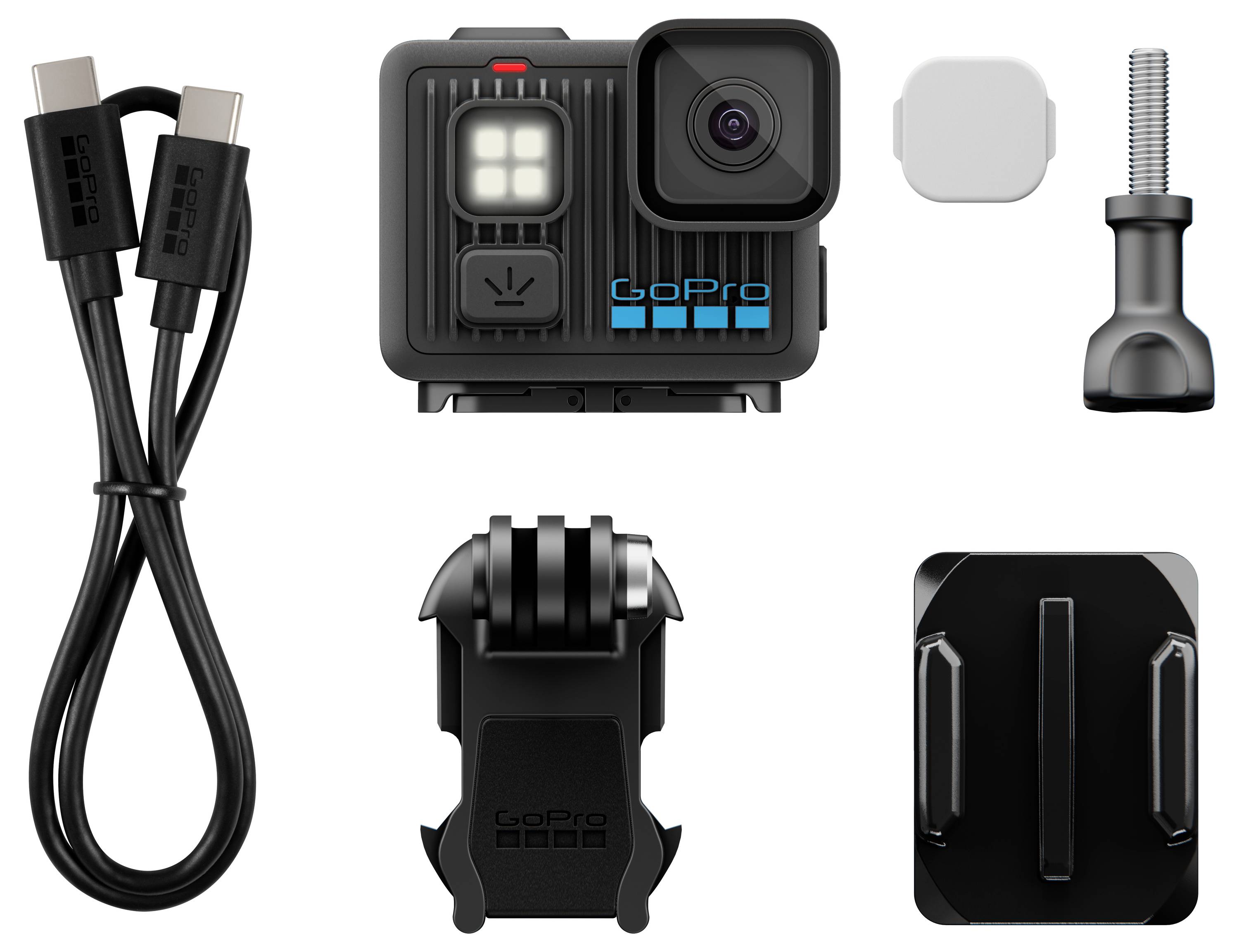'GoPro Hero 11' camera with accessories including a USB cable, battery, mounting buckle, adhesive mounts, and a thumb screw.