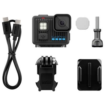 'GoPro Hero 11' camera with accessories including a USB cable, battery, mounting buckle, adhesive mounts, and a thumb screw.