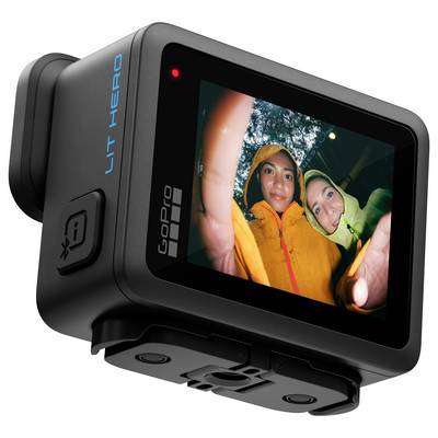 A GoPro camera shows two people in raincoats being filmed, framed by trees, suggesting an outdoor adventure setting.