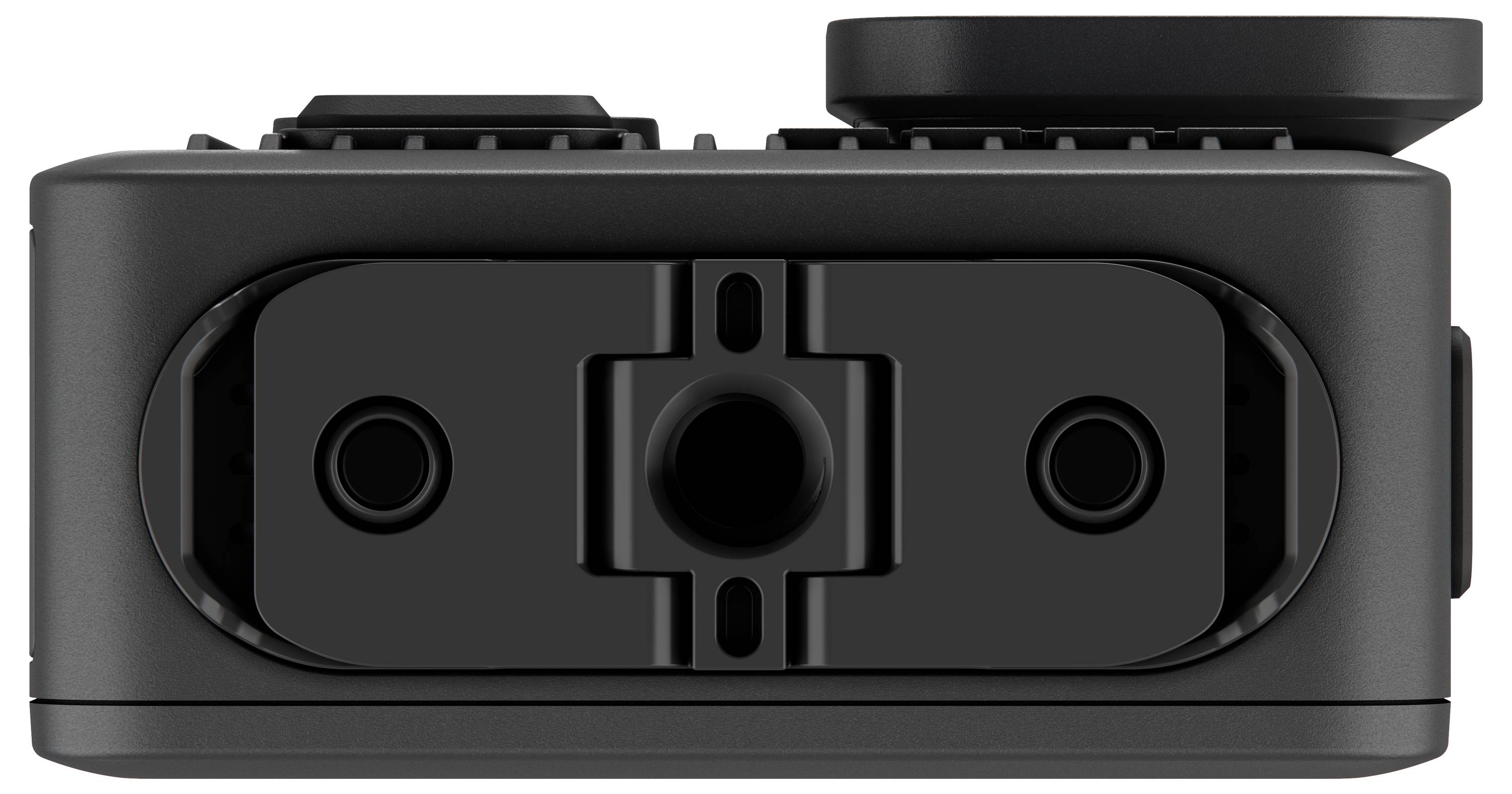 Compact black camera from bottom view, showing the mounting bracket and attachment points, designed for easy installation.