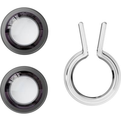 Two circular LED lights with dark frames are shown alongside a metal bracket.