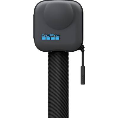 A black GoPro camera case with blue branding atop a textured black handle.