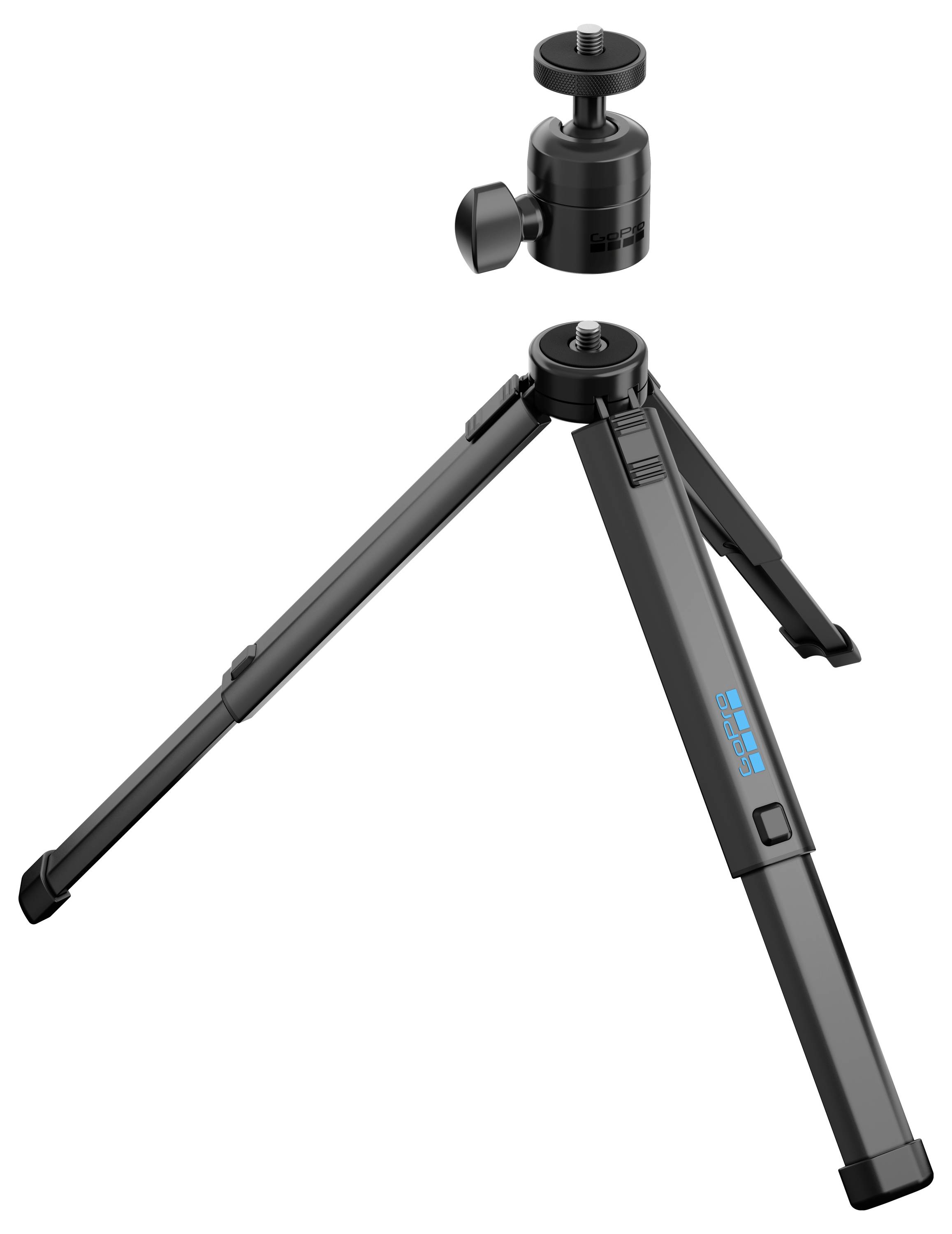 A black, foldable tripod with an adjustable ball head, designed for cameras or smartphones, shown extended with the head detached.