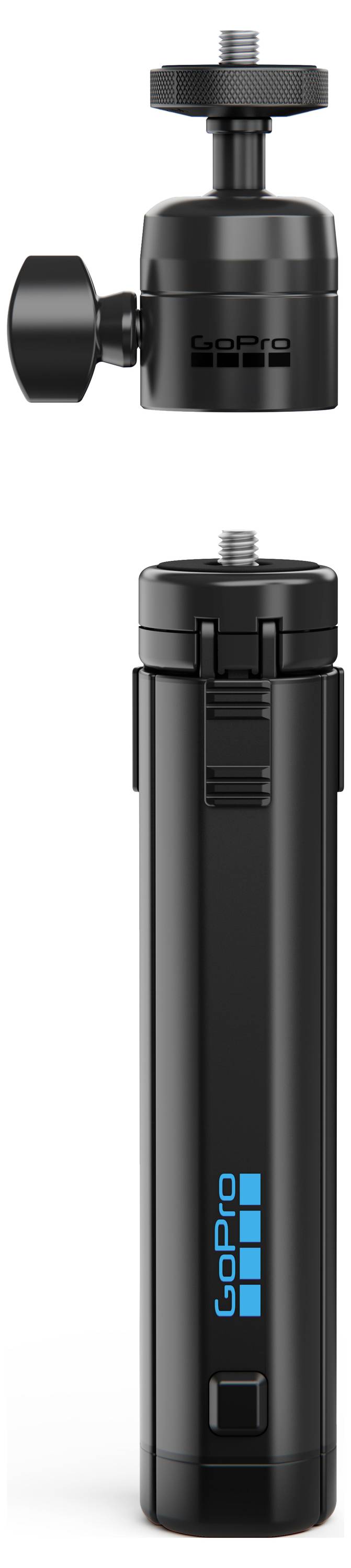 A detachable action camera tripod handle shown in two parts: the grip with 'GoPro' logo and a separate top attachment with a screw mount.