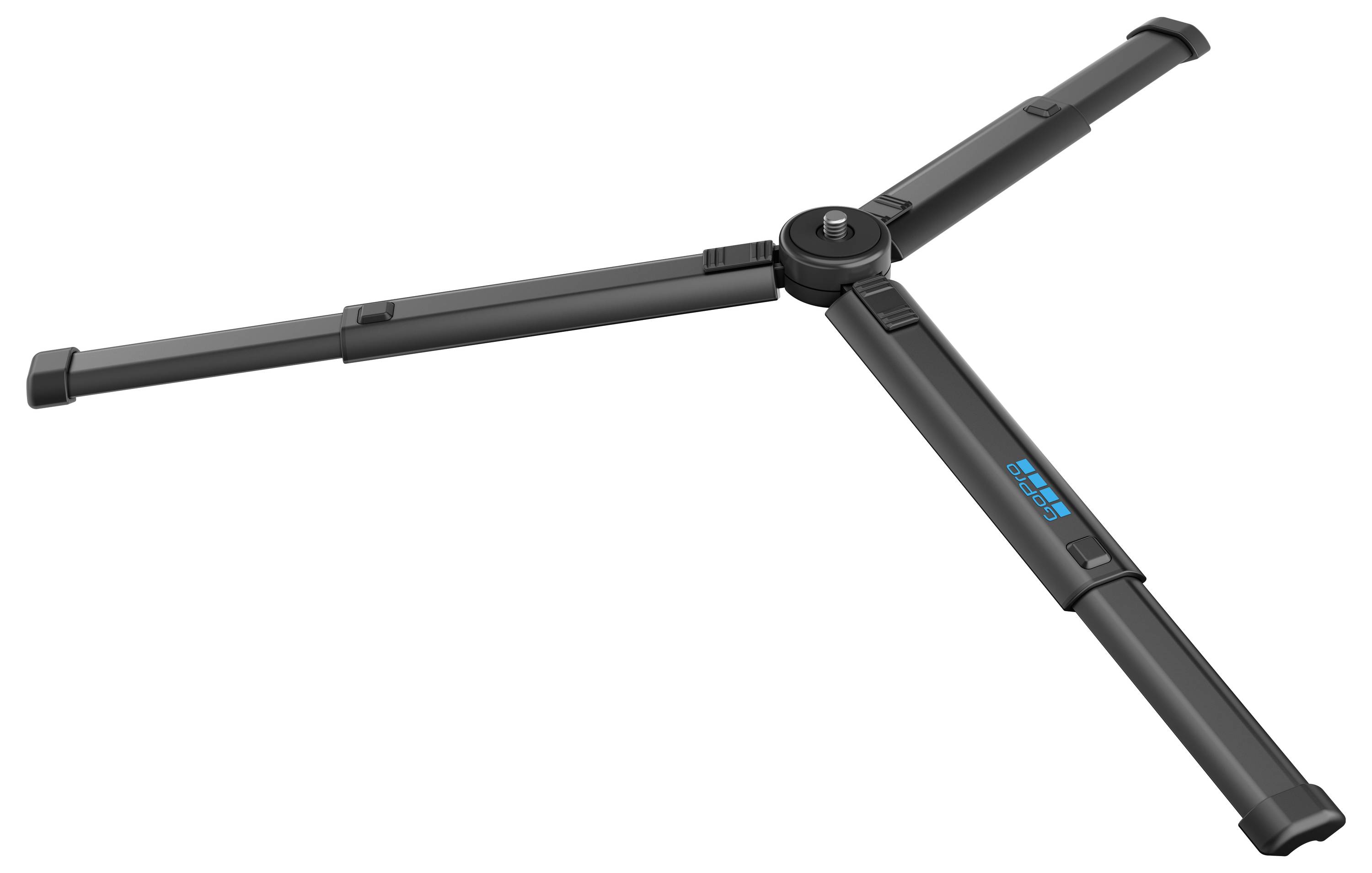 A folded black tripod stand with three extended legs, designed for supporting devices like cameras or lights.