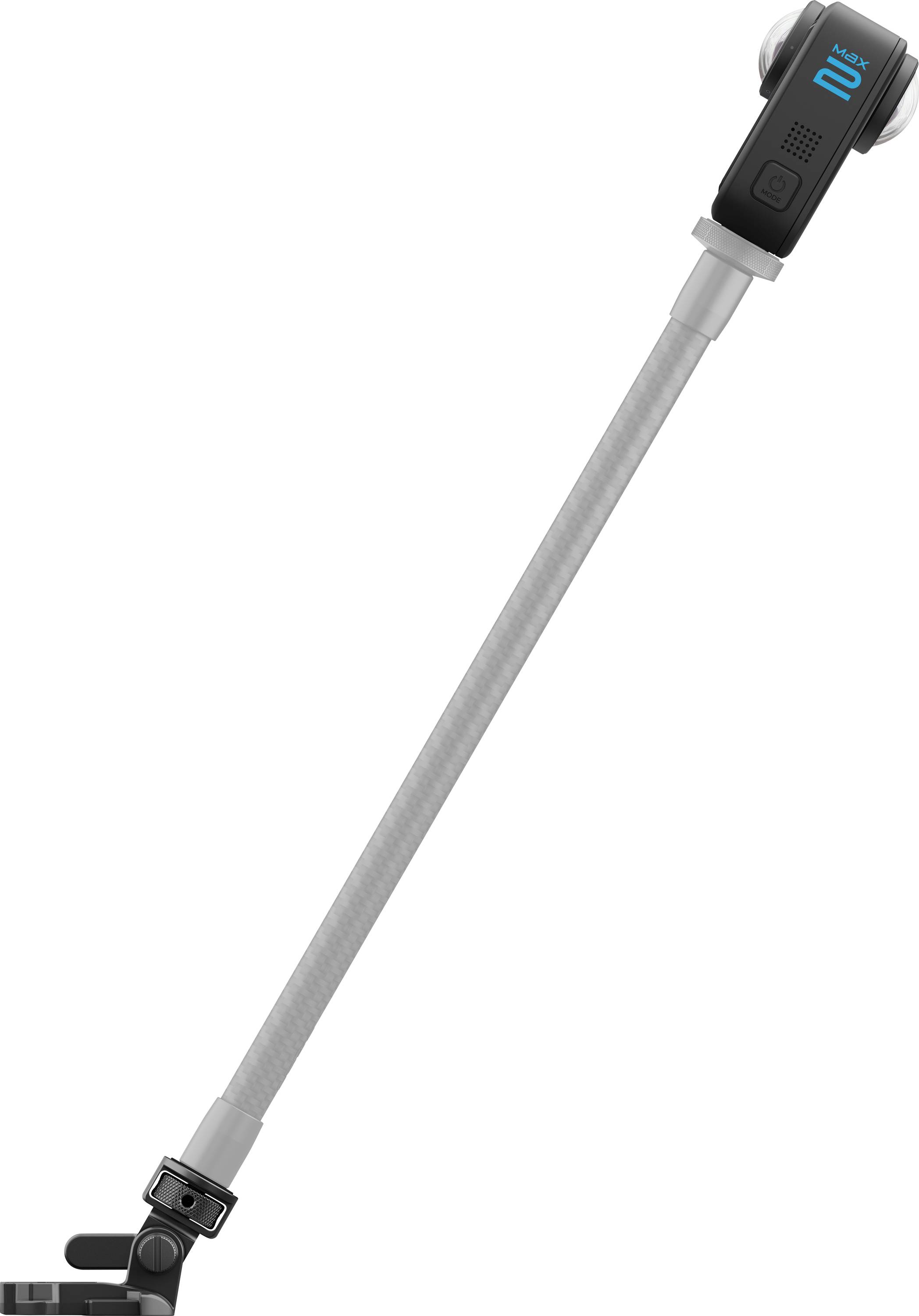 A digital tire pressure gauge with a display showing '32.0', attached to an extended metal hose with a locking clip at the end.