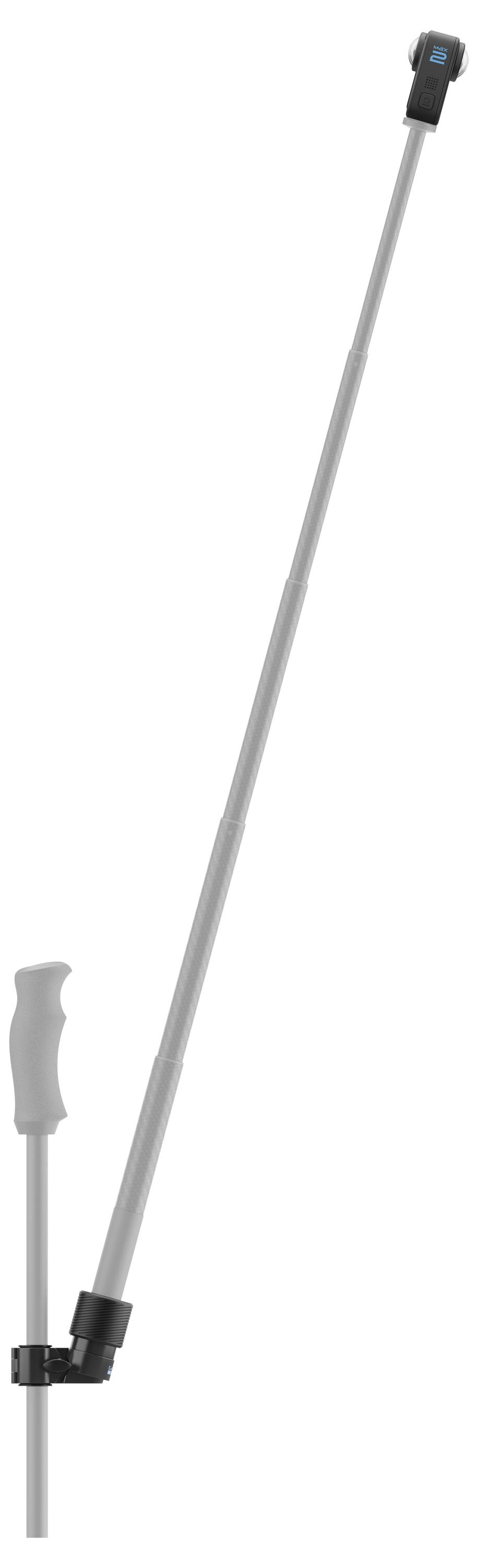 A bent cane with a curved handle and a tip on the ground side, possibly a walking aid.