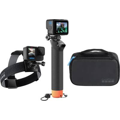 A GoPro camera with a wrist strap, a floating hand grip, and a carrying case. The camera screen shows an underwater scene.