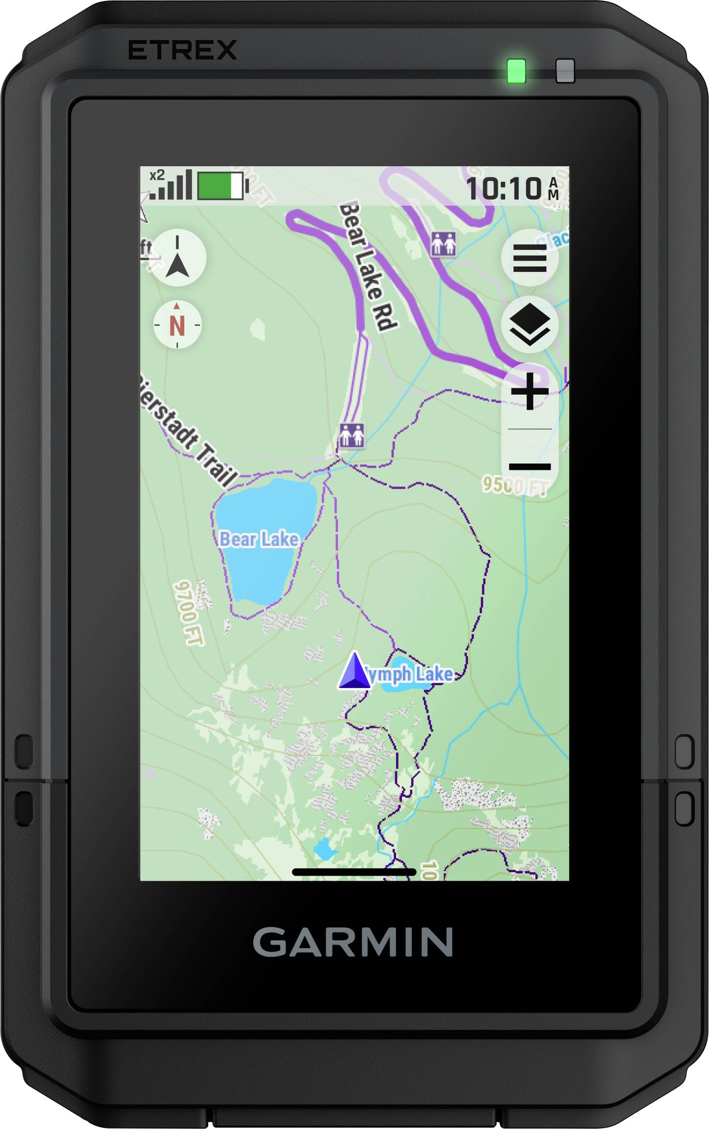 A handheld GPS device displaying a map screen. The map shows paths around Bear Lake and Nymph Lake with a highlighted route.