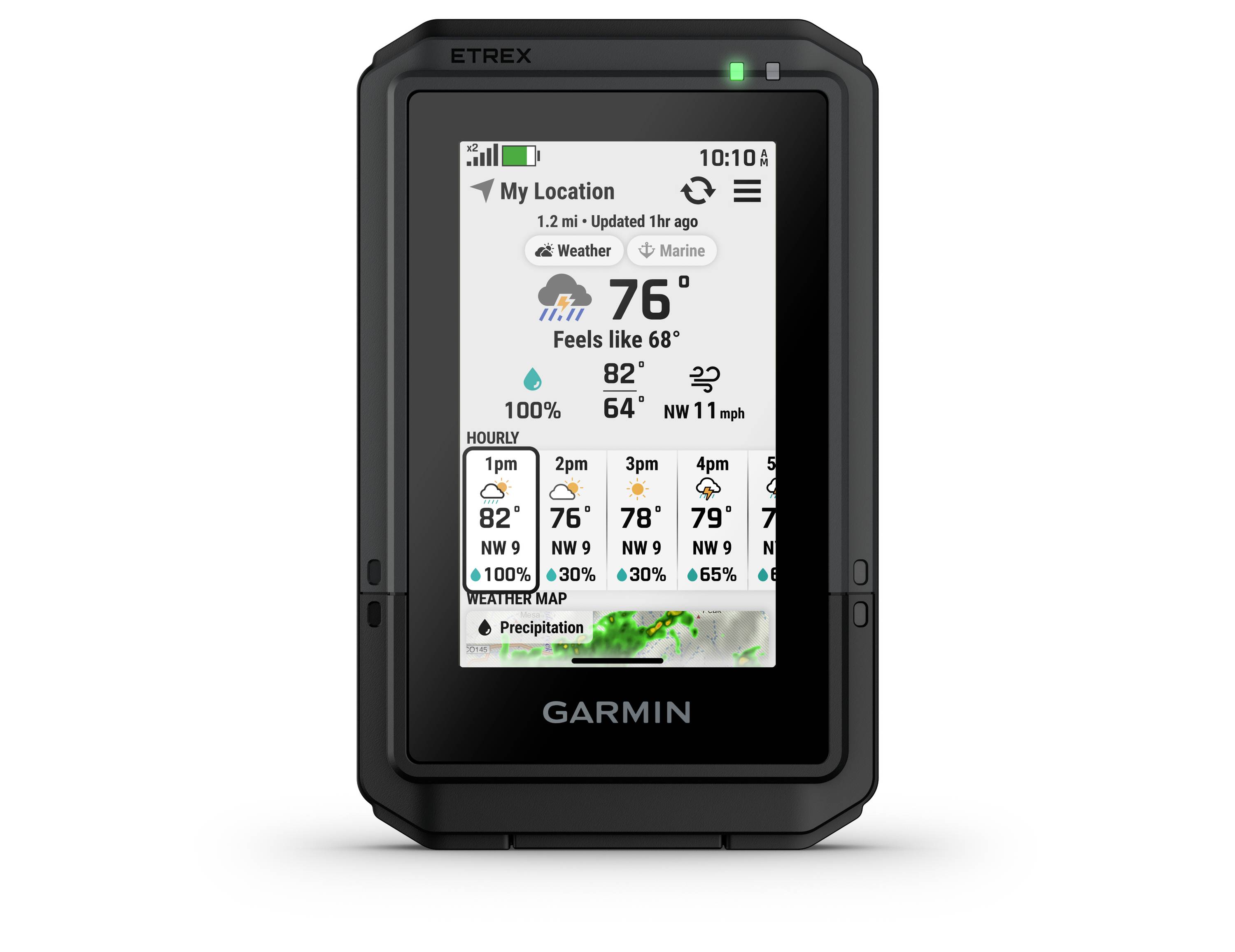 A portable GPS device displays local weather information, including temperature, hourly forecast, and precipitation map.