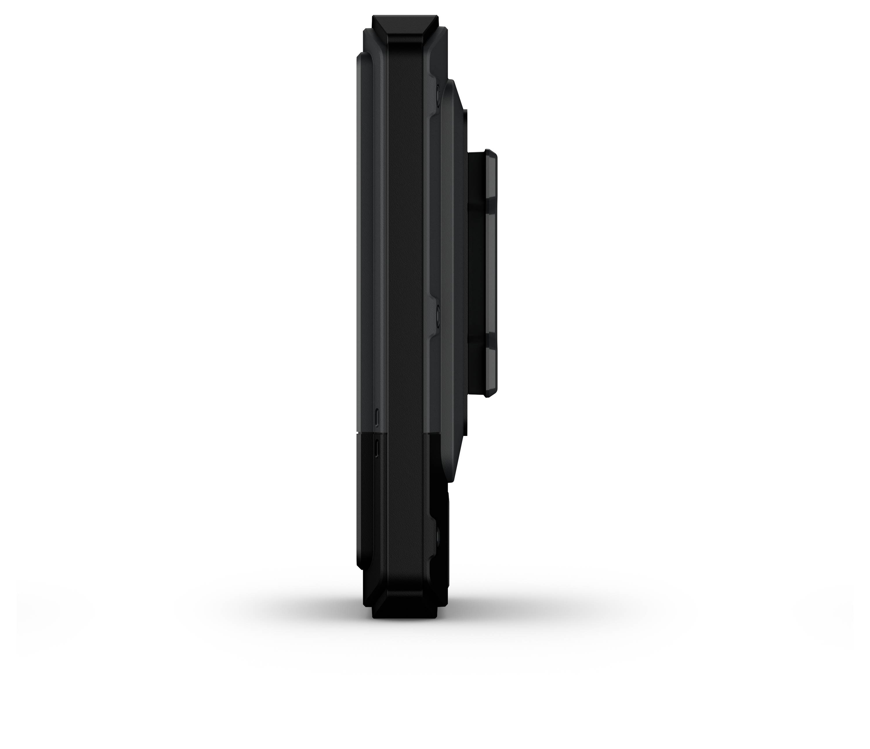 Side view of a black, rectangular electronic device with a protruding section, highlighting its slim profile and design.