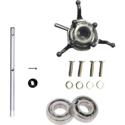 Components of a mechanical kit include a star-shaped hub, two metal rods, four screws, two washers, a black ring, and two bearings.