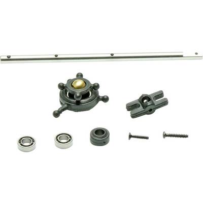 A disassembled mechanical part including a metal rod, bearings, screws, and a circular component with a gold center, laid out on a surface.