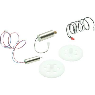 Two cylindrical motors with attached wires, two plastic gears with holes, and a small red LED with black coiled wire are arranged on a white surface.