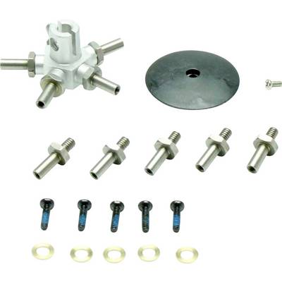 Assorted metal mechanical parts including a round connector component, screws, washers, and a metallic disc on a white background.